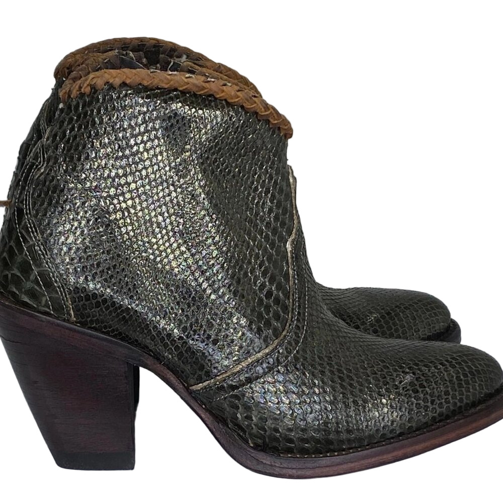 Allens Women’s Kyra Olive Exotic High Heel Ankle Boots – Size 6B – Almond Toe
